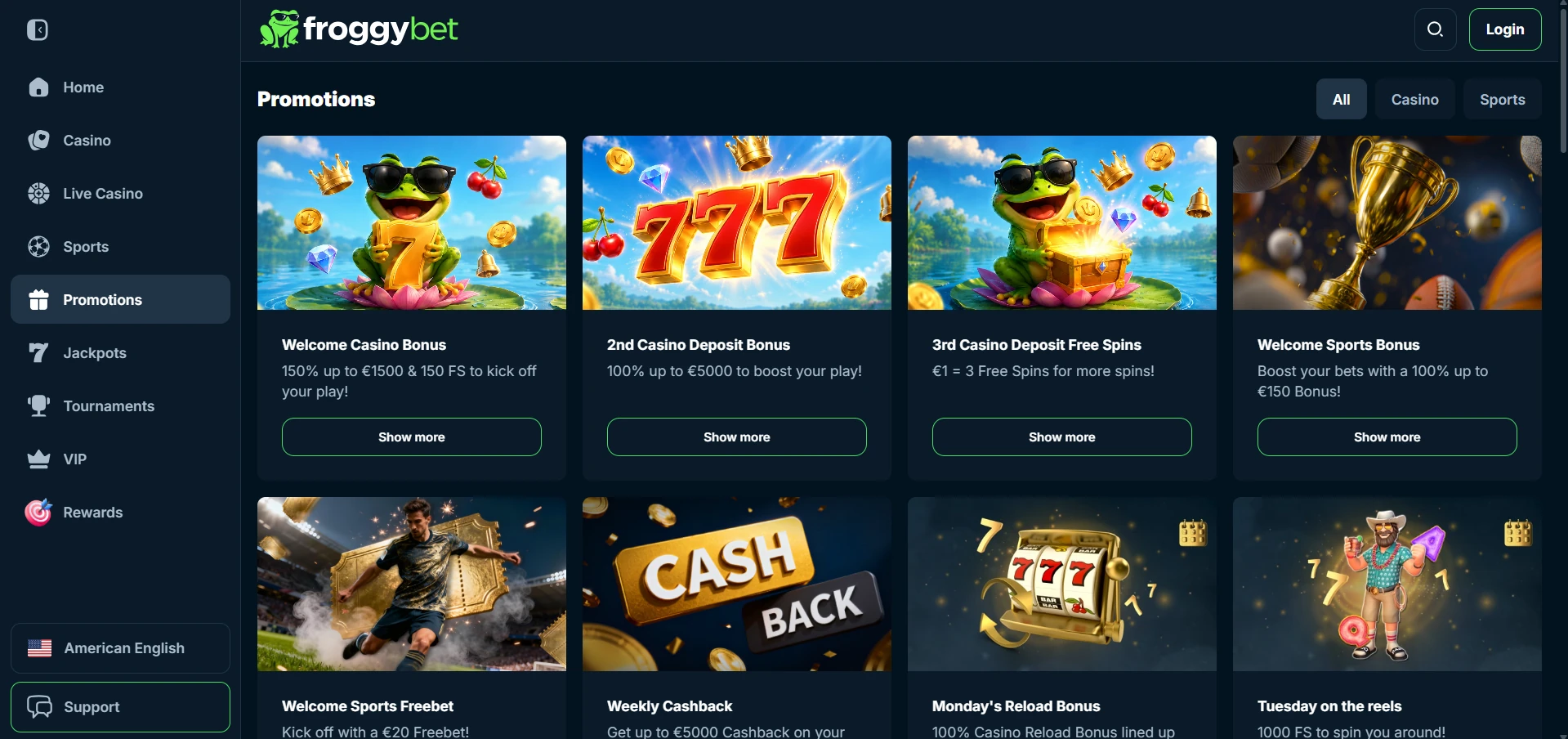 Promotiepagina van FroggyBet met de welkomstbonus voor het casino en acties voor sport