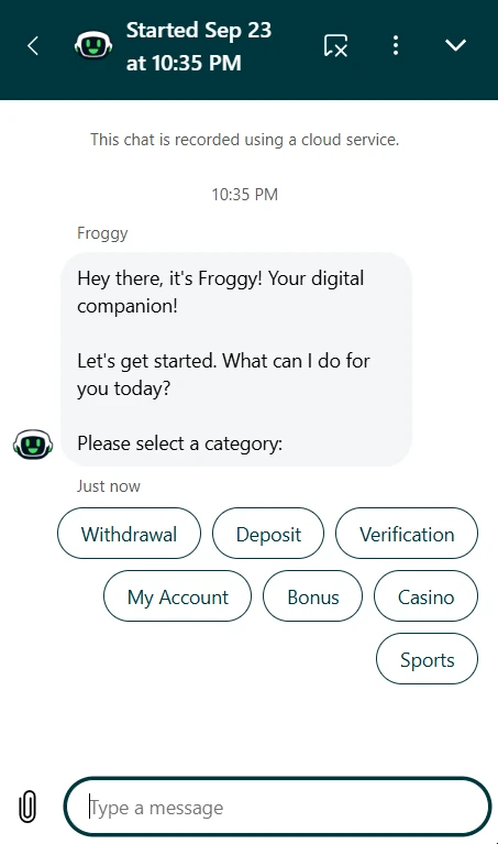 Live chat van FroggyBet met knoppen voor de onderwerpen