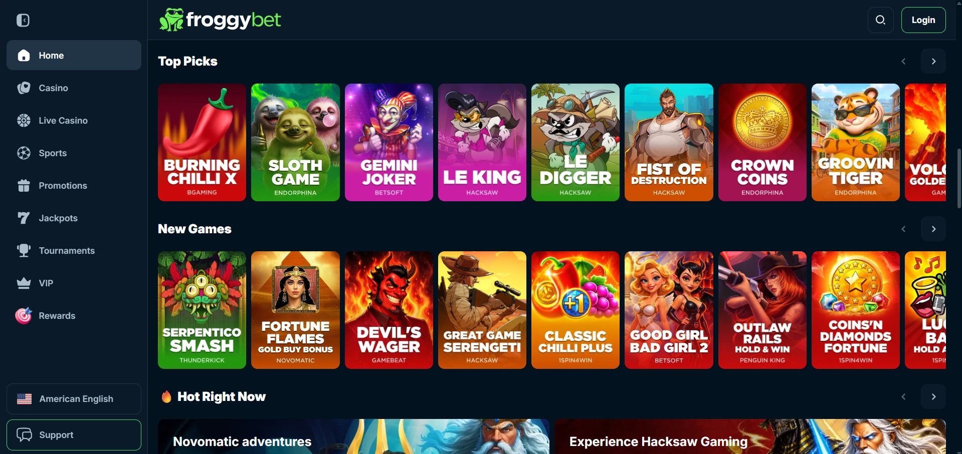 Spellenlobby van FroggyBet met rijen aanraders en nieuwe gokkasten